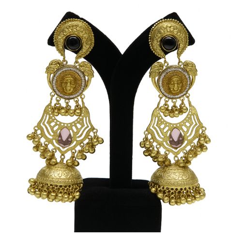 Temple-Inspired Gold Finish Traditional Earrings for Women with Jhumka Drop